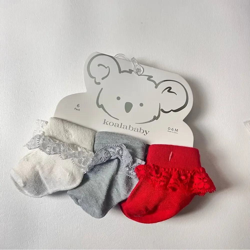 KoalaBaby Dressy Ankle Socks with Lace Detail 6 Pack Sz 0-6 M